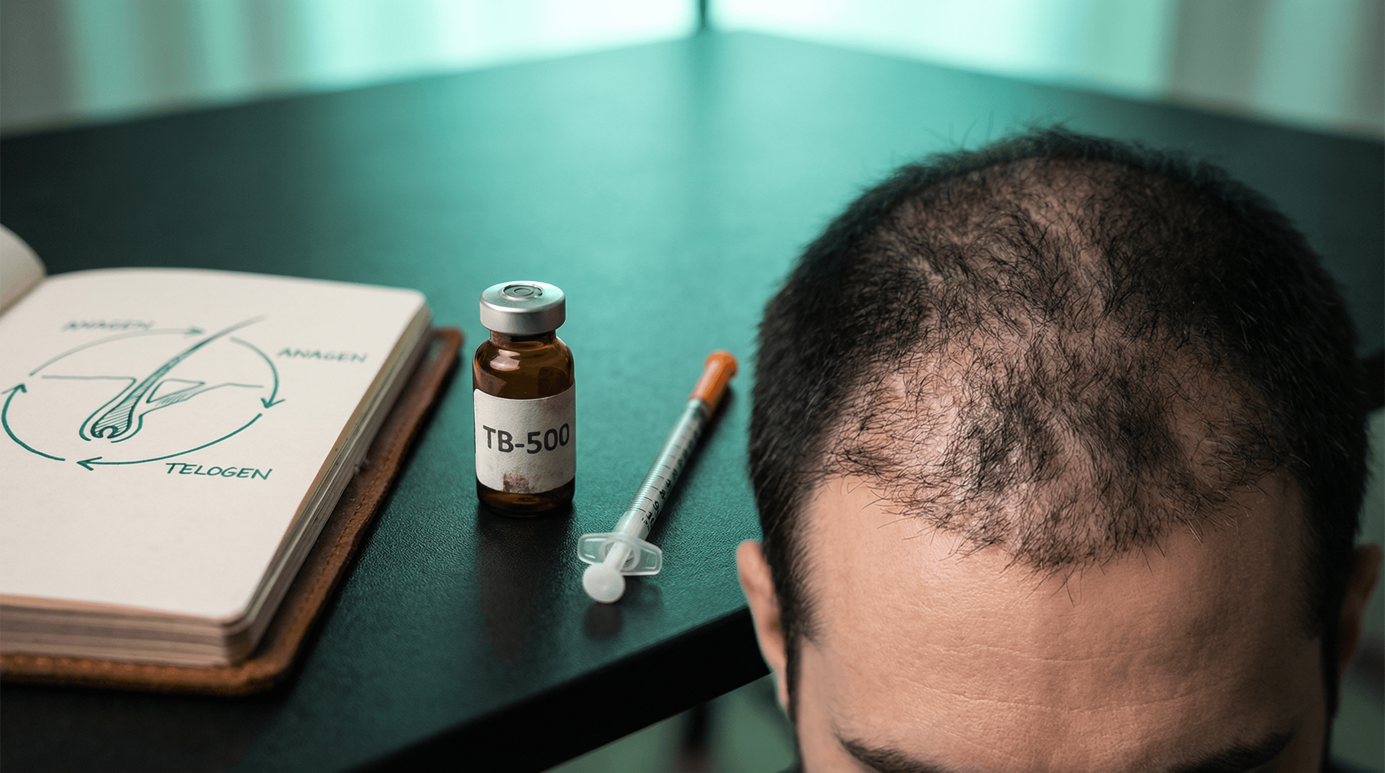 TB-500 peptide molecule activating hair follicle stem cells with neon green scientific visualization on dark background