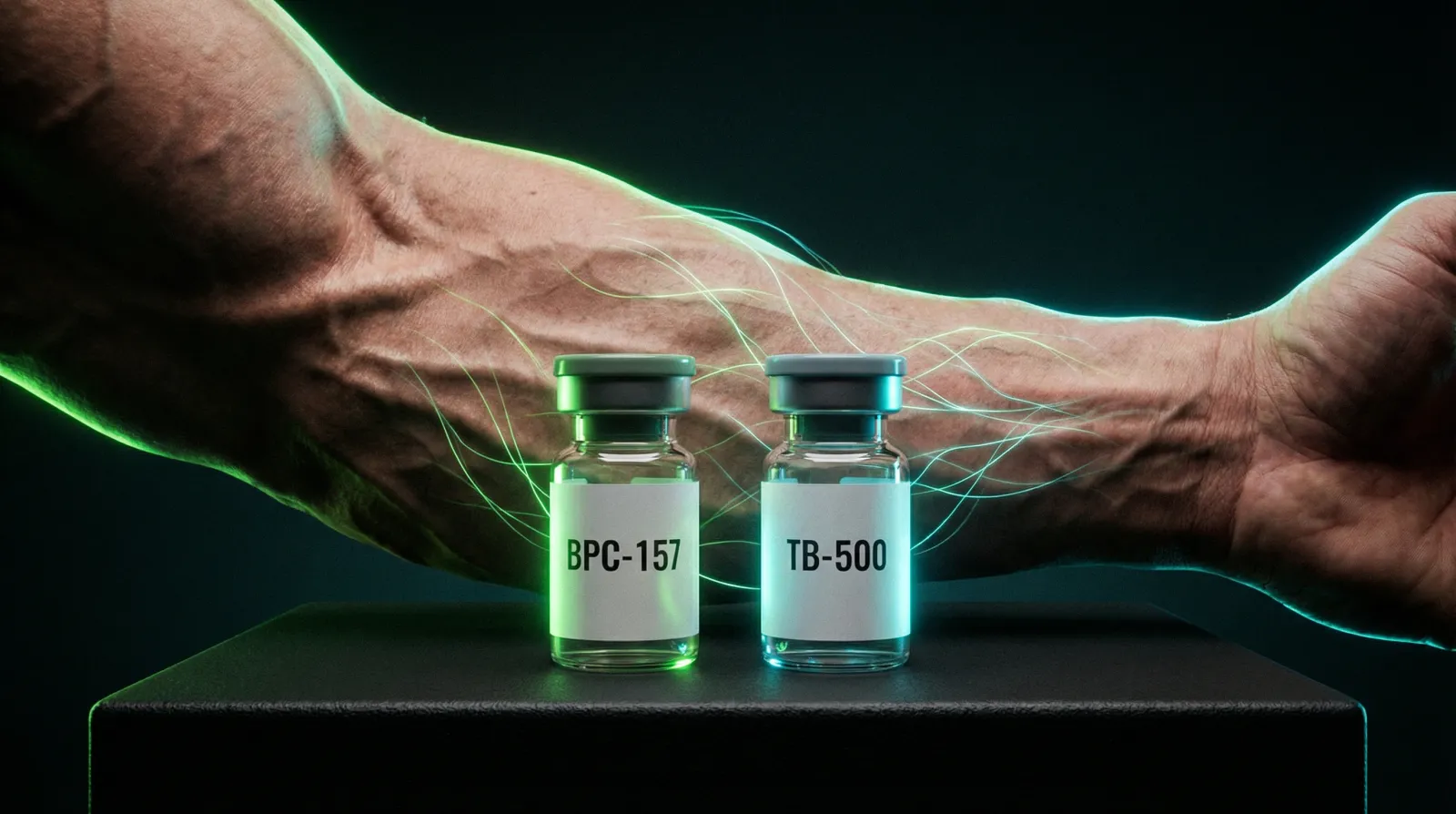Two labelled peptide vials and an insulin syringe, illustrating BPC-157 and TB-500, the pair some websites sell as the Wolverine Stack