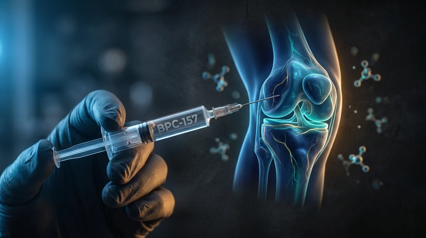 Peptides for knee cartilage repair: labelled BPC-157 and TB-500 research vials beside a knee joint anatomical diagram on a dark clinic bench