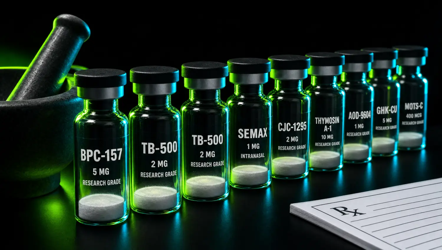 Eight research peptides legal 2026 list displayed as labelled vials on a matte black compounding pharmacy surface with neon bio-green accent lighting